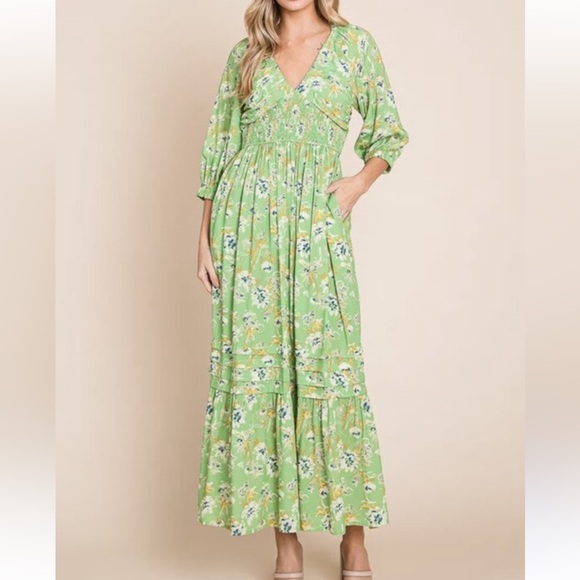 Heyson by  paper store NWT SZ LGE off‎ shoulder tiered ruched floral maxi dress - Picture 1 of 16